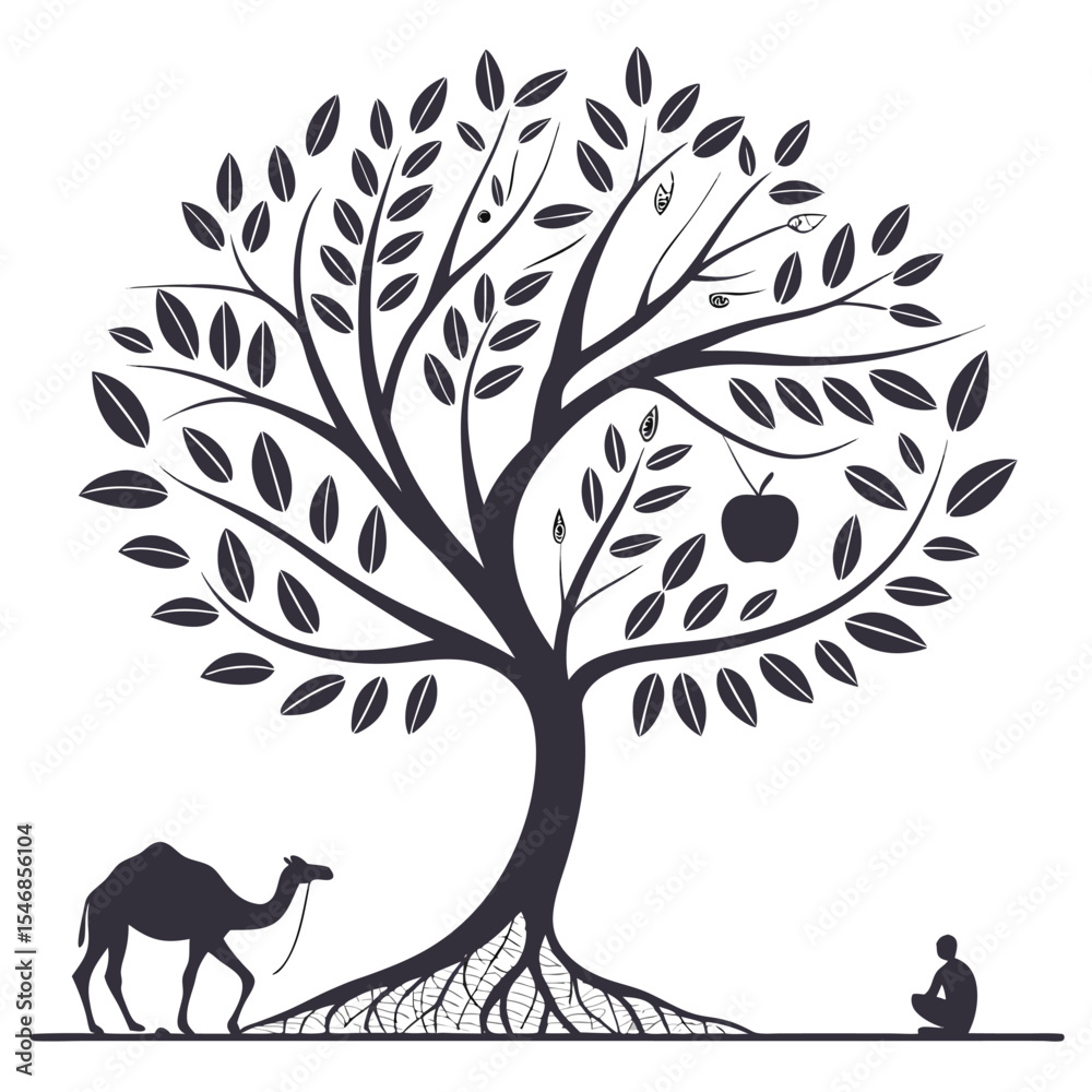 Obraz premium A camel approaches a serene person sitting beneath a lush tree with an apple hanging from its branches