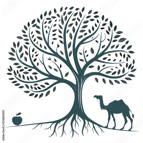 A camel stands beside a tree with sprawling branches and deep roots near a fallen apple