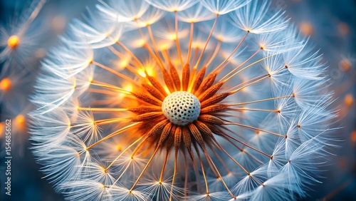 Close-up of dandelion seed head, orange and white, nature detail