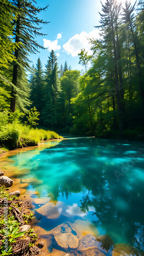 Vibrant Blue Spring Water Reflection in Lush Green Forest Under Sunny Sky vertical