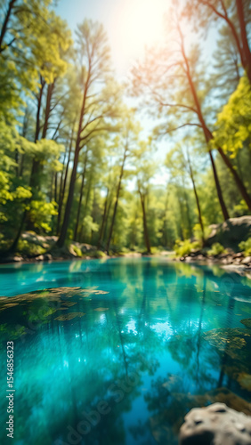 Vibrant Blue Spring Water Reflection in Lush Green Forest Under Sunny Sky vertical
