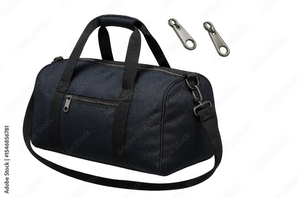Fototapeta premium Navy blue duffel bag with zipper pulls isolated on a transparent backdrop