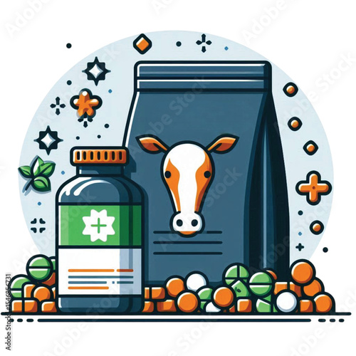 Veterinary medicine supplies for livestock on colorful background  