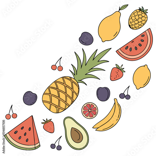 Colorful Illustration of Assorted Fruits including Pineapple Watermelon Strawberries Bananas Lemons Avocado and Cherries