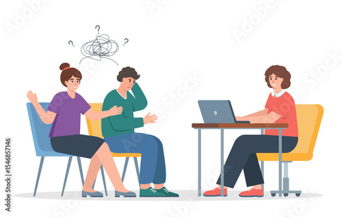 Unhappy couple of young people talking to psychologist. Psychotherapy session. Family psychologist or psychotherapist. Mental health concept. Vector illustration isolated on white background.