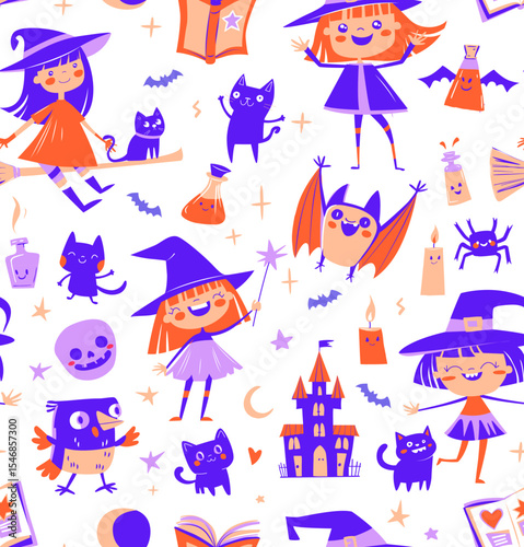 Cute Seamless Halloween Pattern with Witches, Cats, and Potions Purple Cartoon Doodle Style