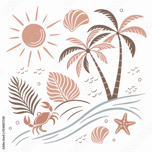 Beach Ocean Elements Illustration Pastel Pink Brown Sun Palm Trees Crab Starfish Shells Seashells Coastal Summer Design