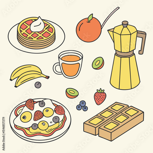 Colorful Line Art Illustration of Breakfast Foods Waffles Bananas Strawberries Kiwis Tea Moka Pot
