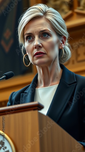 Serious Female Politician Delivering a Speech from a Podium
