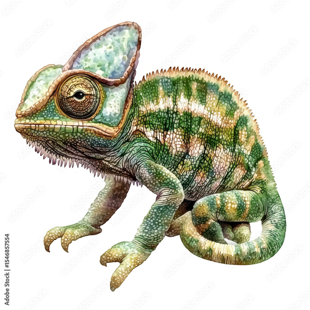 Obraz premium Colorful chameleon resting on a branch, surrounded by lush greenery in a vibrant jungle setting