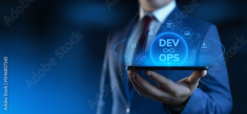 Businessman holding smartphone with Dev Ops Development Operations icons on screen