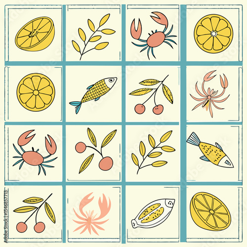 Seamless Pattern Sixteen Yellow Lemon Slices Blue Teal Crabs Yellow Fish Pink Cherries Yellow Leaves Grid Background