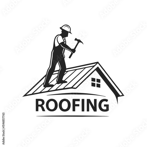 Minimalist Black and White Roofing Contractor Logo Illustration Silhouette of Worker on House Roof Hammering