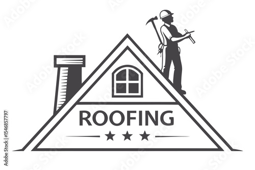 Minimalist Black and White Roofing Logo Illustration Featuring a Silhouette of a Roofer on a House Roof with Chimney