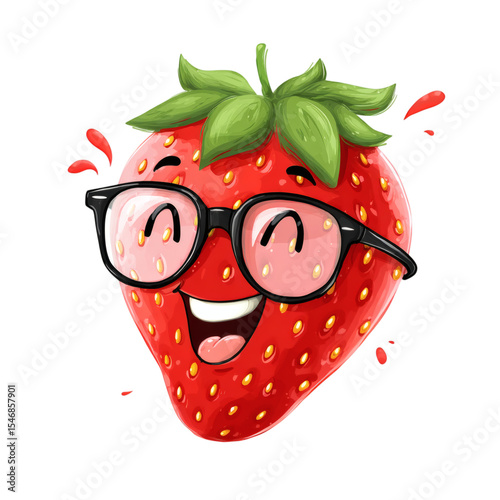 Cute cartoon strawberry with glasses and smile, isolated on transparent background 