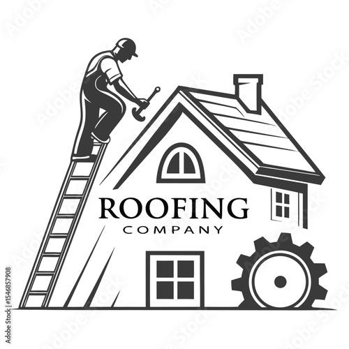 Monochrome Roofing Company Logo Featuring a Worker on a Ladder Repairing a House Roof with a Gear