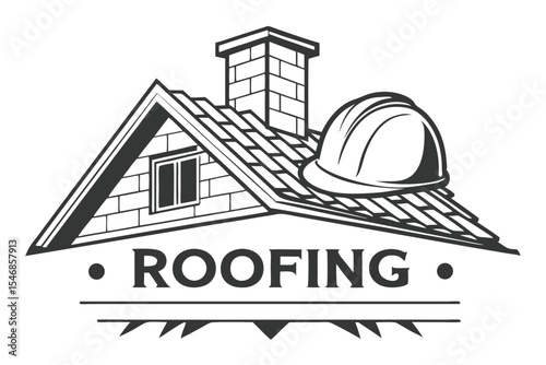 A Minimalist Black and White Roofing Company Logo Featuring a House Roof Chimney and Hard Hat
