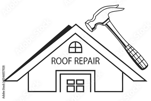 Minimalist Black and White Roof Repair Logo Design Featuring House Hammer and Text