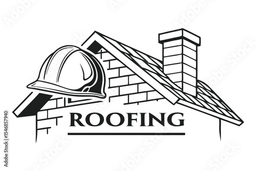Minimalist Black and White Roofing Company Logo Design Featuring a Hard Hat and House Roof