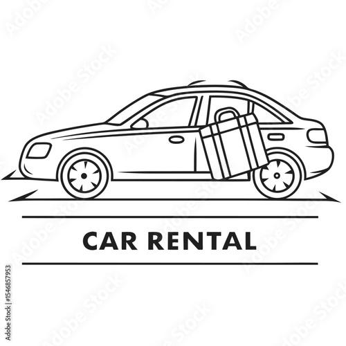 Minimalist Black Line Art Illustration of a Sedan Car Rental with Suitcase in Backseat