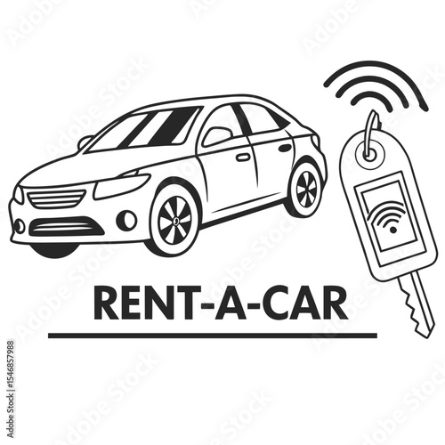 Minimalist Black Line Art Illustration of Rent a Car Sedan and Key Fob with Wireless Signal
