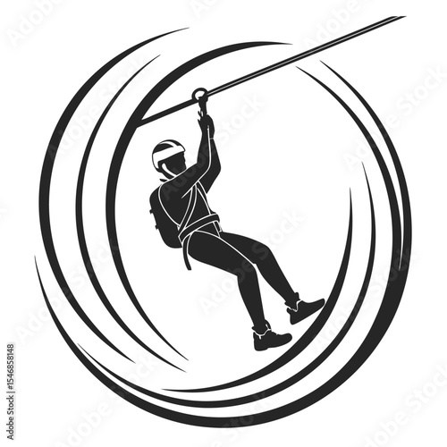 Zipline Adventure Silhouette Logo Black and White Minimalist Style Person on Cable Riding Aerial Course