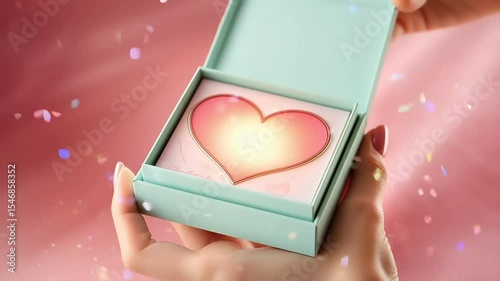 Hands holding heart-shaped box with glowing heart inside  