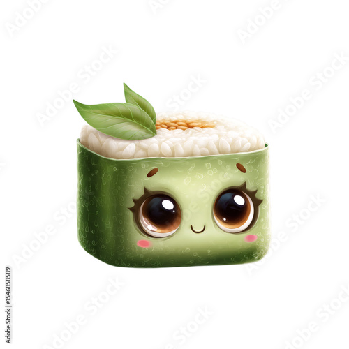 Cute cartoon sushi roll with eyes and seaweed wrap, isolated on transparent background