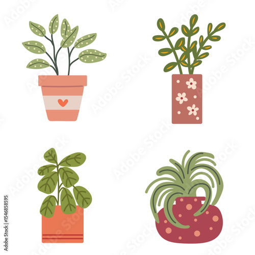 Set of red pots with interior plants.