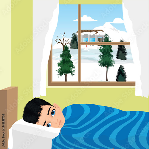 A child lying in his bed waking up on a winter morning