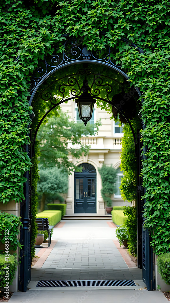 Fototapeta premium Ornate Black Iron Archway Entrance Overgrown with Greenery Leading to a Building vertical