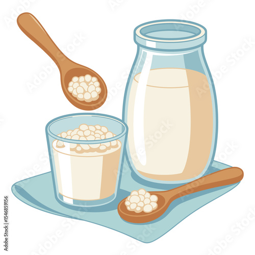 Homemade Kefir Milk in Glass and Bottle with Spoons