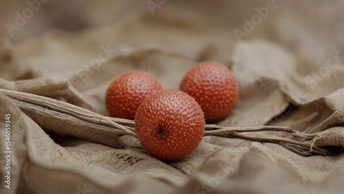 Three spiky red fruits on natural fabric background, rustic organic food still life close-up