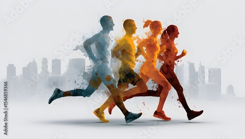 Group of people running in a marathon with a city skyline backdrop, showcasing fitness, determination, and community spirit