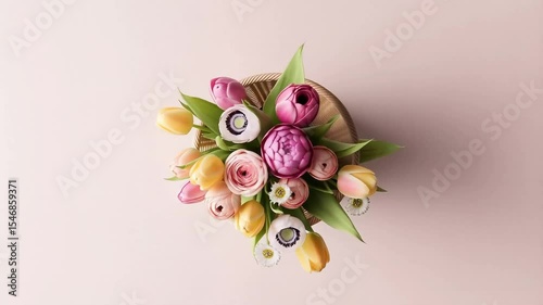 Fresh spring flower bouquet in pastel colors on pink background  