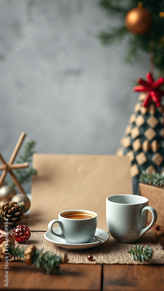 Fototapeta premium Blank Kraft Paper Stationary blank mockup with Coffee and Festive Decor vertical