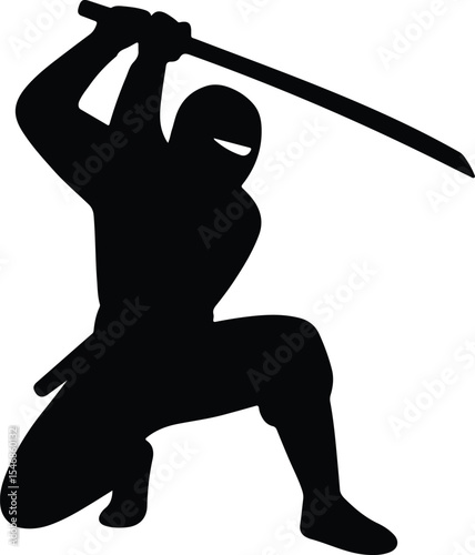 Silhouette ninja warrior with katana sword in action pose Vector Illustration