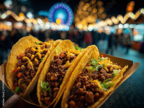 Close-up of three tacos topped with cheese and beef in a night market, with blurred lights and ferris wheel in the background.