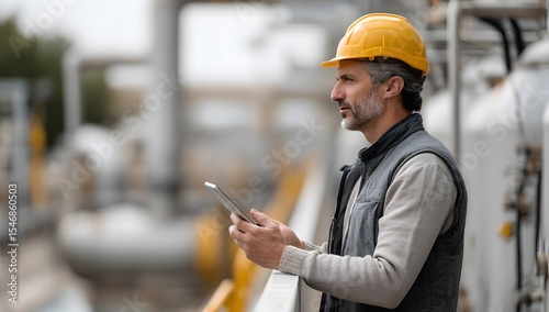 A man wearing an orange helmet and a yellow vest is thoughtfully looking into the distance while holding a tablet in an industrial setting