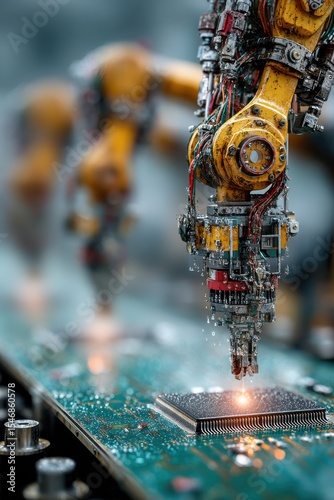 High-tech robotic arm assembling microchip on a futuristic production line