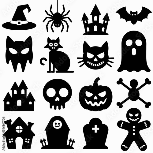 A collection of Halloween-themed silhouettes includes a witch's hat, spider, haunted house, and ghost among other