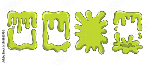 Green Slime Dripping Splashes Cartoon Set