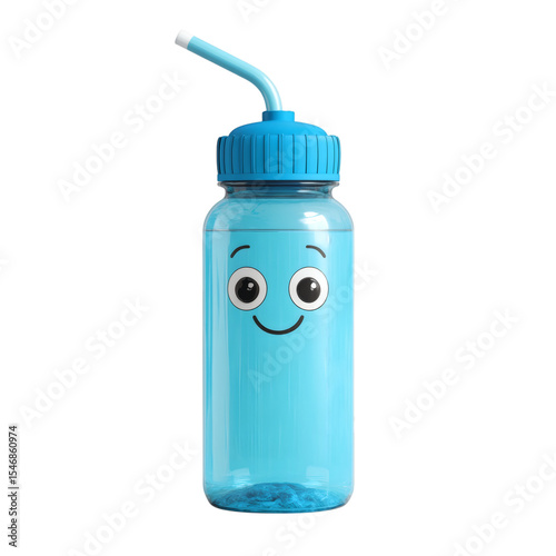 Cute cartoon water bottle with face and straw, isolated on transparent background