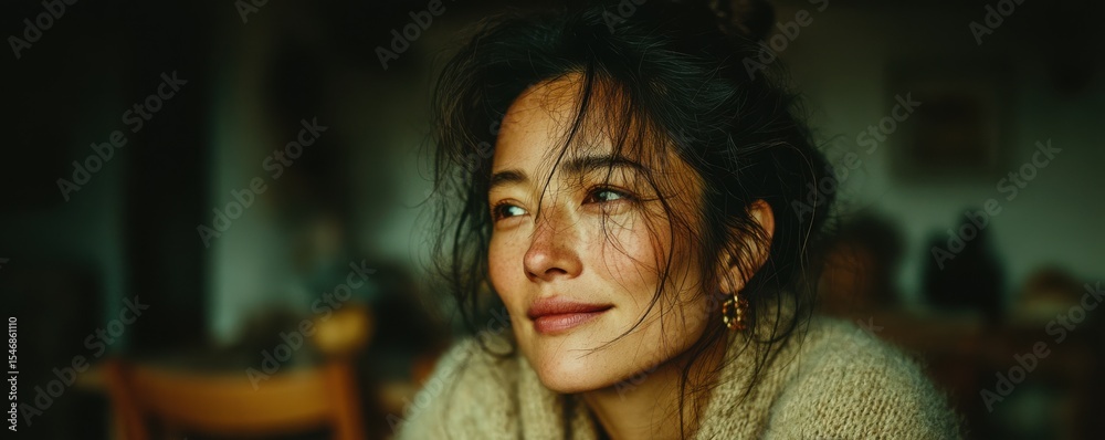 Fototapeta premium Portrait of a serene woman gazing thoughtfully in a cozy environment