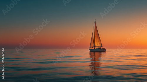 A lone sailboat glides across calm, reflective ocean waters under a vivid orange and blue sunset gradient, evoking serenity and stillness.