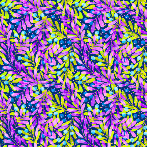 Fototapeta Neon Pink Purple Green Foliage Art Print, Vibrant Abstract Botanical Decor, Glow Effect Jungle Art, Electric Colourful Leaf Print, Modern Artistic Plant Wall Art