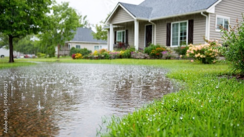 Heavy rain falling on a suburban street, water pooling on the pavement, houses and green lawns visible in the background.