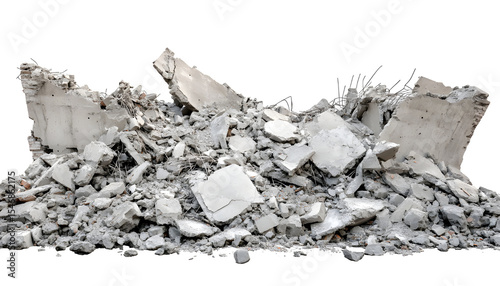 Panoramic view of concrete wreckage. Illustration of demolished building debris on white background. Ruins of construction, crumbling walls, broken foundation