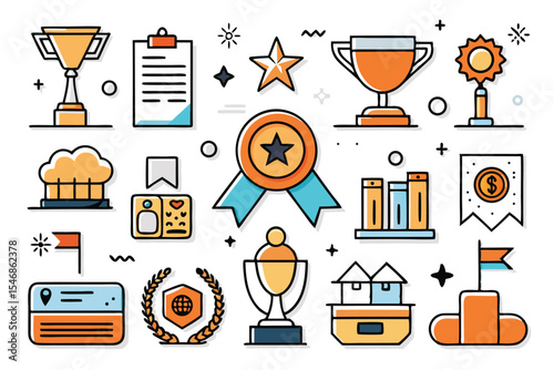 Awards and Achievements Line Icons Set, Editable Stroke, Vector Illustration .