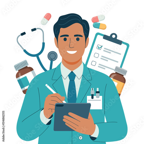Smiling Male Doctor Using Digital Tablet with Medical Supplies
